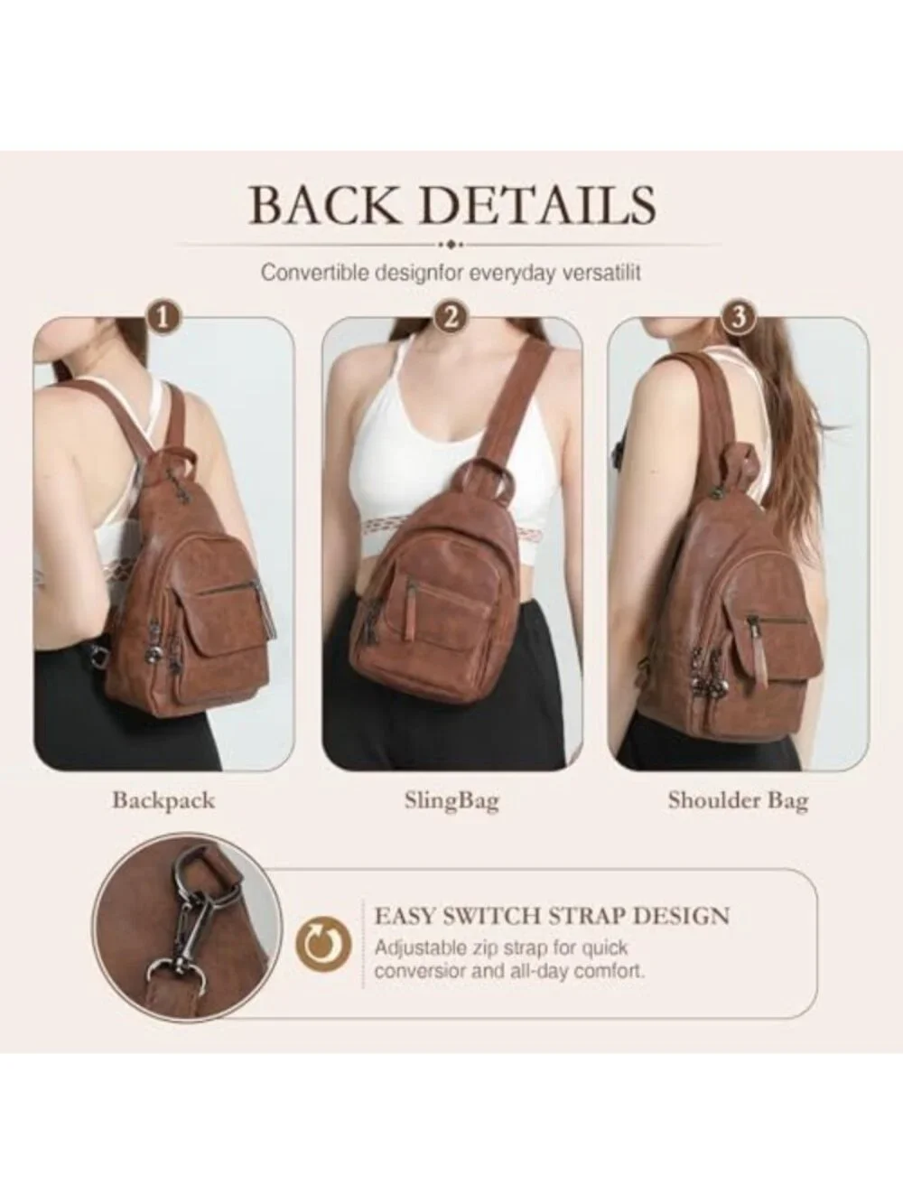 Stylish Black Convertible Sling Backpack Purse for Women - Versatile & Chic